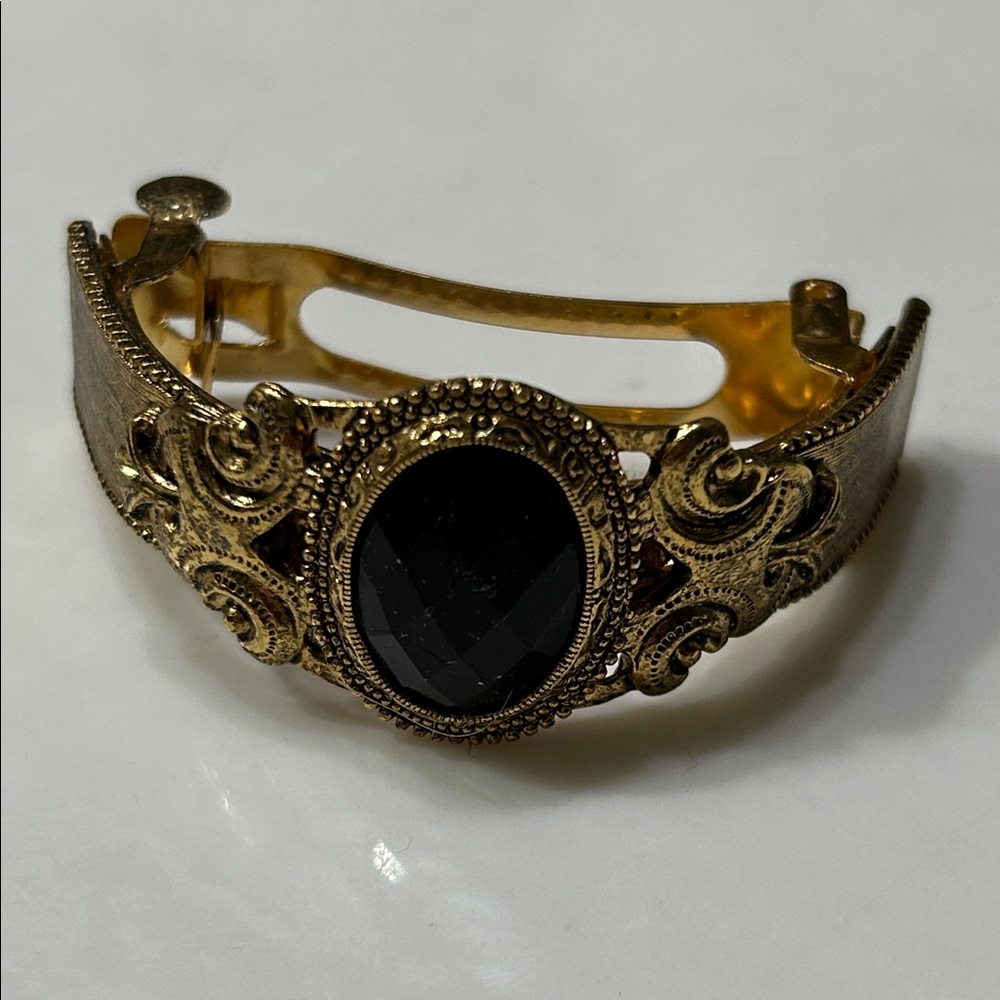 Gold-Tone Ponytail Holder with Black Oval Stone